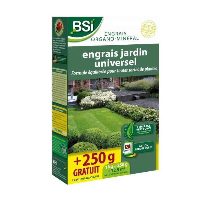 Engrais Bio universel - BSI - Végétaux multiples - Gazon, potager, fleurs - Action longue durée - 1Kg  + 250g gratuit - 12,5 m²