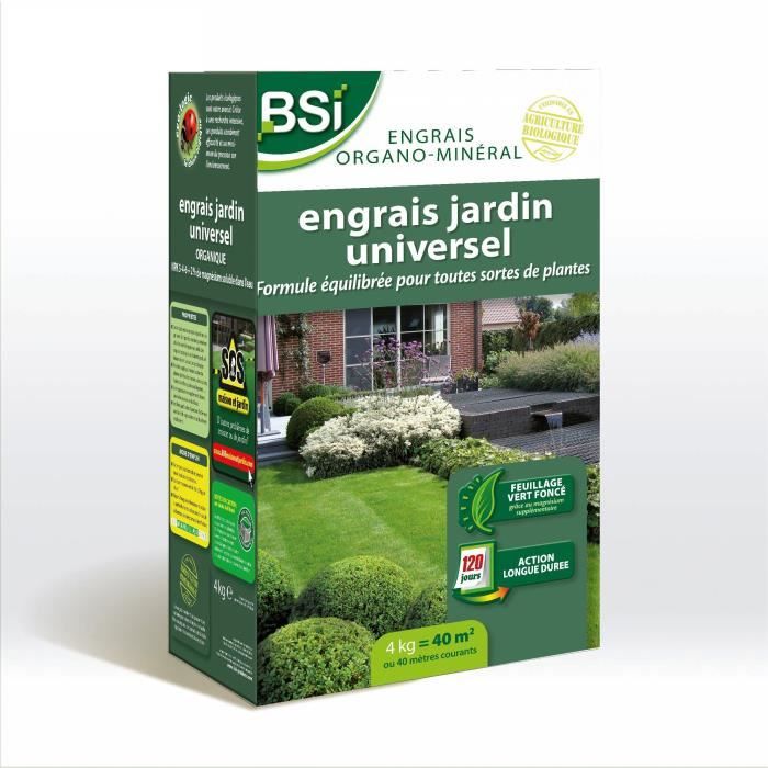 BSI - Engrais Bio Universel  - Pour des végétaux multiples - Gazon, Potager, Fleurs ... - Action Longue - 4Kg  - Jusqu'a 40 m² - UAB