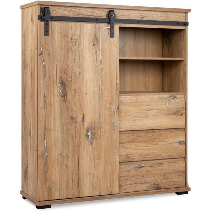 Buffet MANZANO - Décor Chene Flagstaff - 1 Porte coulissante + 3 tiroirs + 2 niches - L120 x H140 x P40 cm