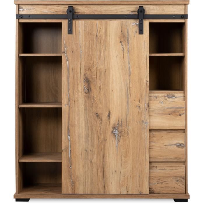 Buffet MANZANO - DÈcor Chene Flagstaff - 1 Porte coulissante + 3 tiroirs + 2 niches - L120 x H140 x P40 cm