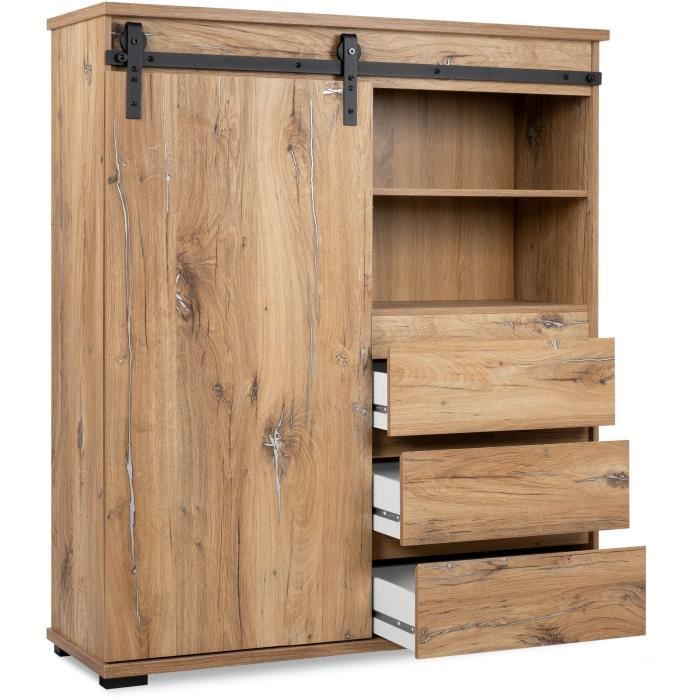 Buffet MANZANO - DÈcor Chene Flagstaff - 1 Porte coulissante + 3 tiroirs + 2 niches - L120 x H140 x P40 cm