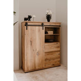 Buffet MANZANO - DÈcor Chene Flagstaff - 1 Porte coulissante + 3 tiroirs + 2 niches - L120 x H140 x P40 cm