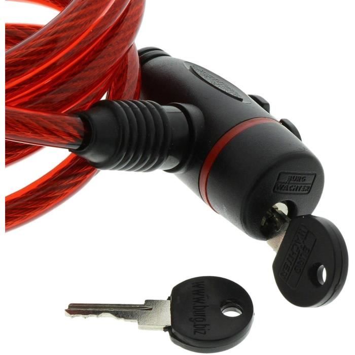 Antivol vélo câble - BURG WACHTER - 1 260 100 - Spirale 100 cm - Acier 8 mm - Avec clé et support