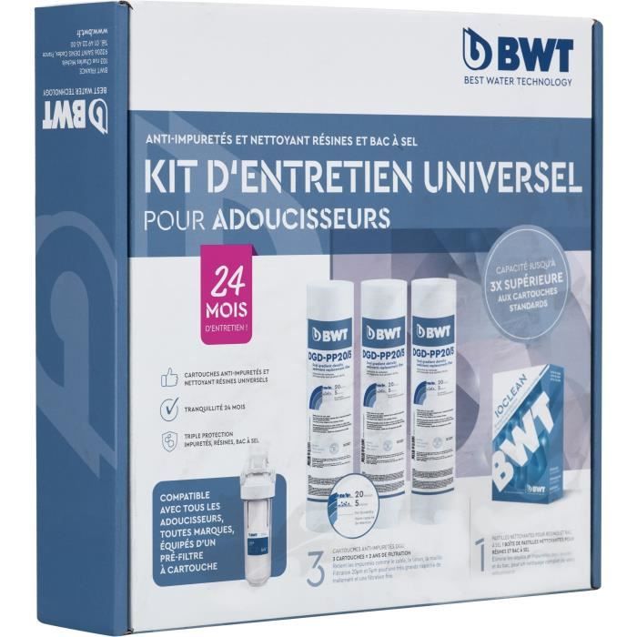 Kit entretien adoucisseurs - BWT - Kit universel - 3 cartouches + 1 pack de pastilles de nettoyage - 24 mois / 2 ans d'entretien