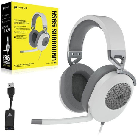 Casque gaming CORSAIR HS65 SURROUND - Blanc, son surround Dolby Audio 7.1 sur PC et Mac
