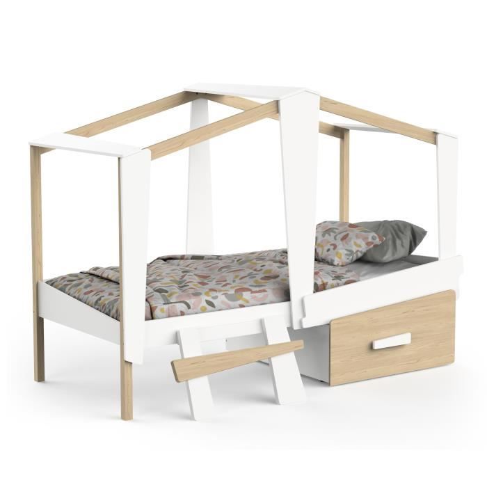 DEMEYERE Lit cabane enfant avec grand tiroir - 90 x 200 cm - DÈcor Blanc mat et chene  - Sommier inlcus