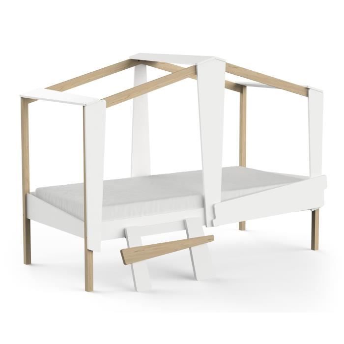 DEMEYERE Lit cabane enfant avec grand tiroir - 90 x 200 cm - DÈcor Blanc mat et chene  - Sommier inlcus