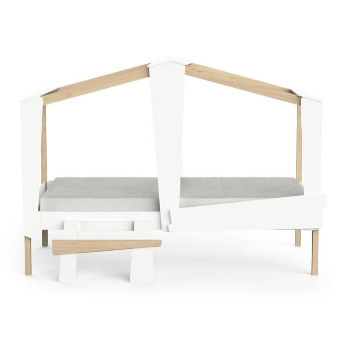 DEMEYERE Lit cabane enfant avec grand tiroir - 90 x 200 cm - DÈcor Blanc mat et chene  - Sommier inlcus