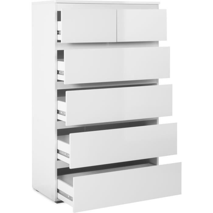 Commode CAPETOWN - Décor blanc brillant - 6 Tiroirs - L80 x H131,5 x P40 cm