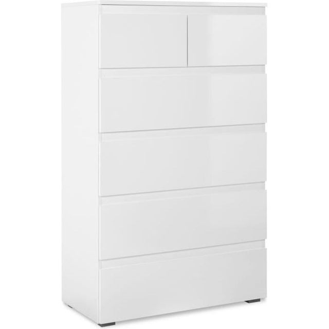 Commode CAPETOWN 6 Tiroirs - Décor blanc brillant - L80 x P40 x H131,5cm
