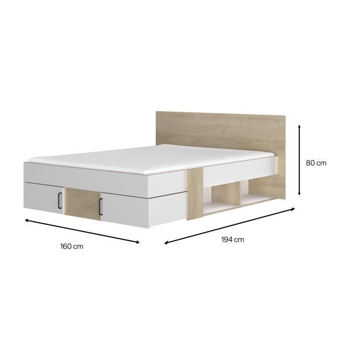 DIAGONE Lit  adulte avec tiroirs de rangement  - Chene et blanc - 140 x 190 - SWIVEL