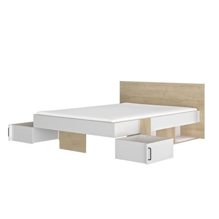 DIAGONE Lit  adulte avec tiroirs de rangement  - Chene et blanc - 140 x 190 - SWIVEL