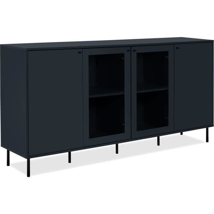 Buffet bas - CARACAS - Décor bleu navy - 2 portes vitrées + 2 portes - L180 x H90 x P40 cm