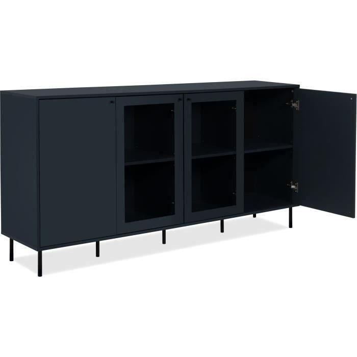 Buffet bas - CARACAS - Décor bleu navy - 2 portes vitrées + 2 portes - L180 x H90 x P40 cm