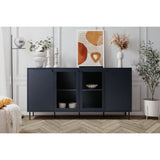 Buffet bas - CARACAS - Décor bleu navy - 2 portes vitrées + 2 portes - L180 x H90 x P40 cm