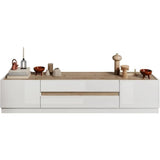 Meuble TV - FIRENZE - 2 portes - 2 tiroirs - Blanc laqué - Chêne Cadiz - 205 x 40 x 44 cm