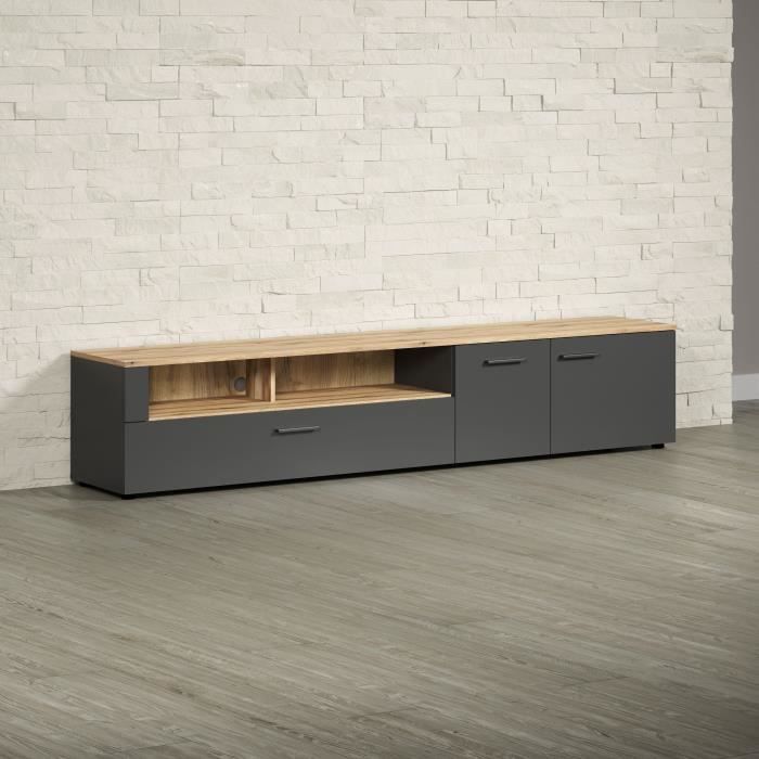 Meuble TV - Esteban - Urbain - En panneaux de particules - Chene blond / gris anthracite mat - 210 x 43 x 41 cm - Trendteam