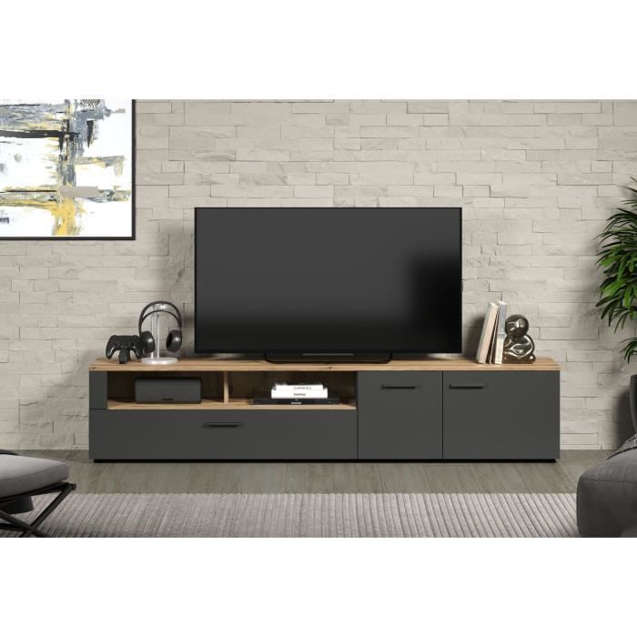 Meuble TV - Esteban - Urbain - En panneaux de particules - Chene blond / gris anthracite mat - 210 x 43 x 41 cm - Trendteam