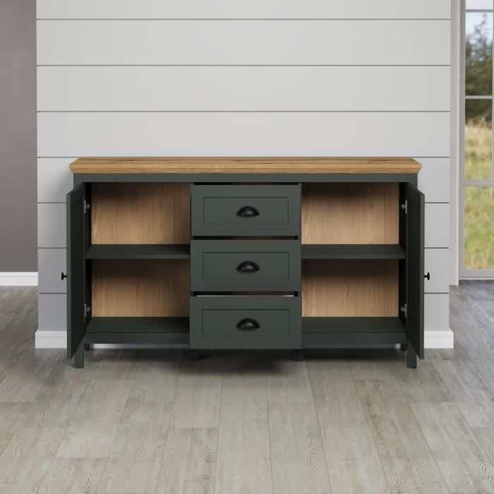 Buffet - Stanton  - Vert profond / chene naturel - 2 portes - 3 tiroirs - 146cm x 45cm x 86cm