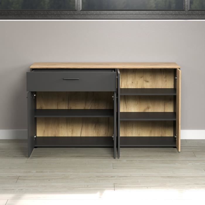 Bahut - Esteban - En panneaux de particules - Chene blond / gris anthracite - 3 portes - 1 tiroir - Scandinave - Trendteam