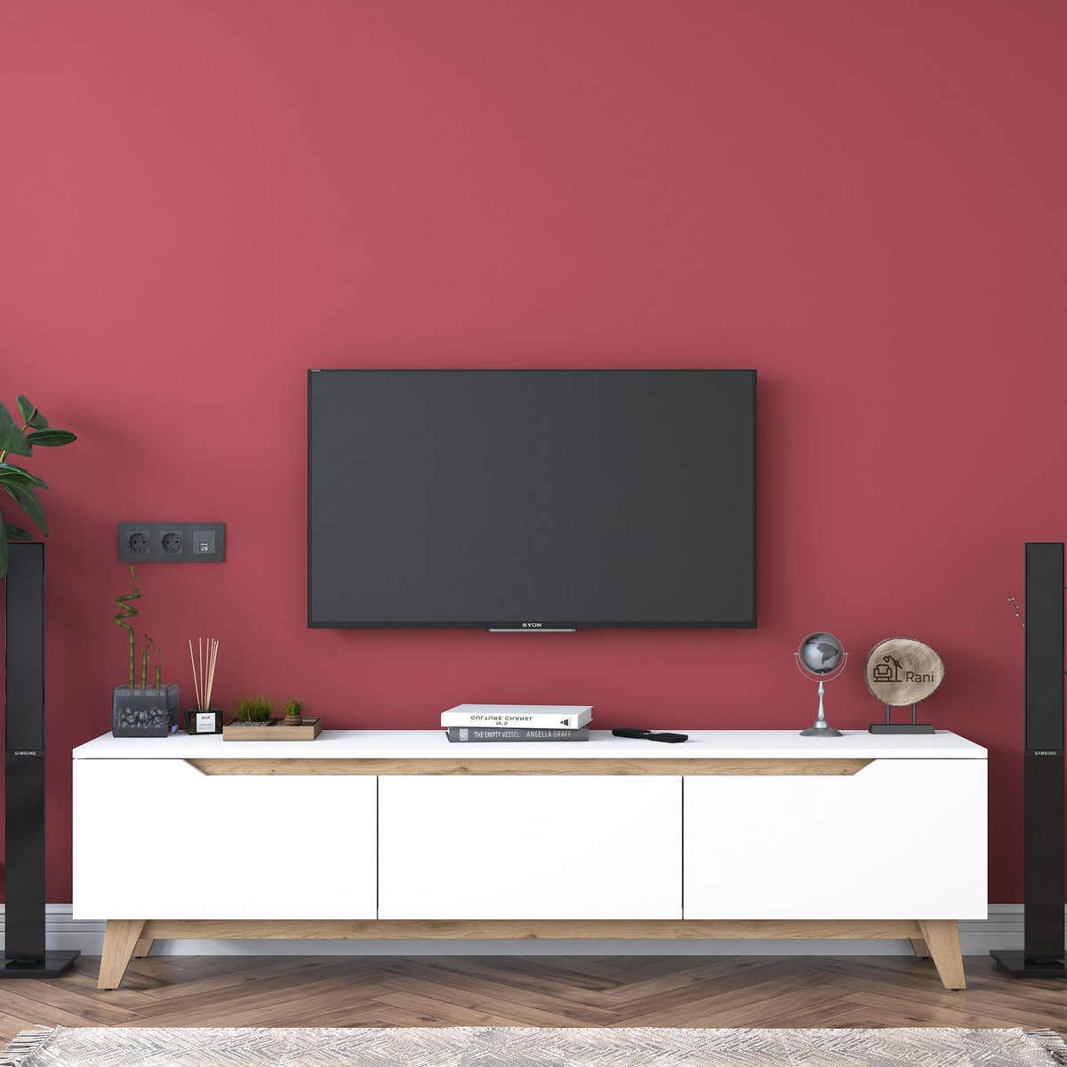 Meuble TV - D1 - Blanc / Noyer - Rangement supplémentaire - 180 x 49 x 35 cm