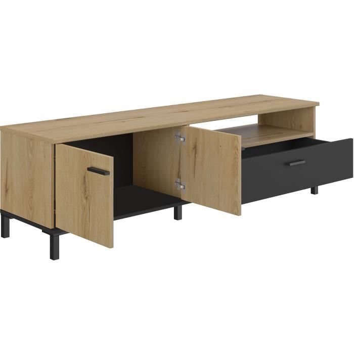 Banc TV - TRUST - Chene / Noir - 2 portes - 1 tiroir - 140 x 40 x 47 cm - GAMI