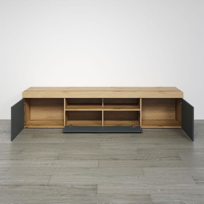 Meuble TV - Tyler - Urbain - En panneaux de particules - Gris anthracite mat / chene miel - 230 x 52 x 52 cm - Trendteam