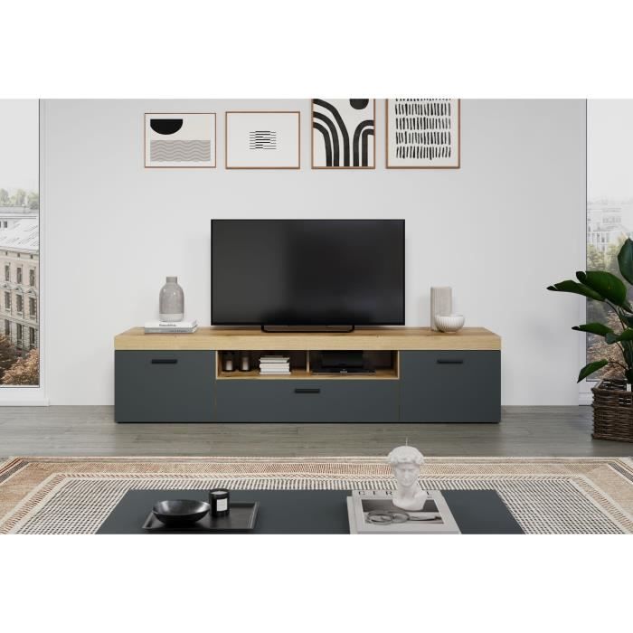 Meuble TV - Tyler - Urbain - En panneaux de particules - Gris anthracite mat / chene miel - 230 x 52 x 52 cm - Trendteam