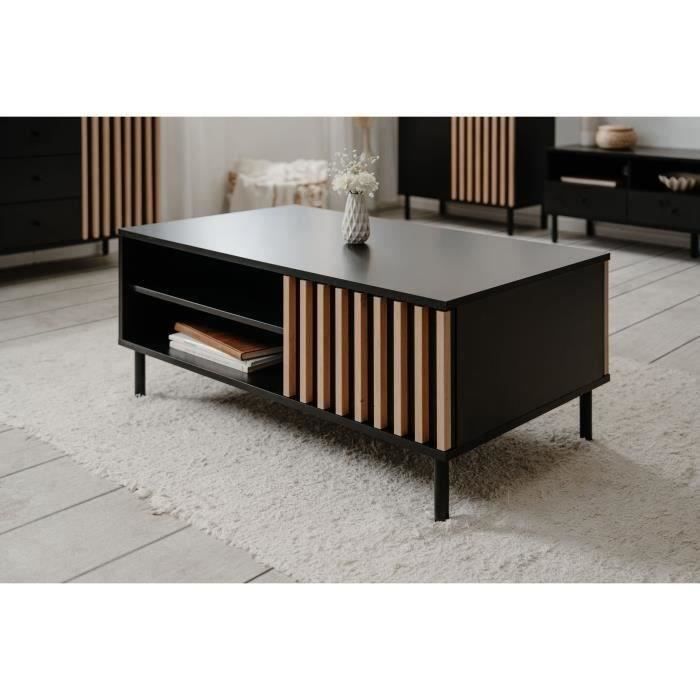 Table basse - MONZA 55A - Noir / Chene artisan - 1 porte, 2 niches - 110,5 x 47 x 67 cm