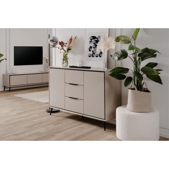 Buffet - ARONA 01B - Beige / Noir - 2 portes, 3 tiroirs - 135 x 90 x 38 cm