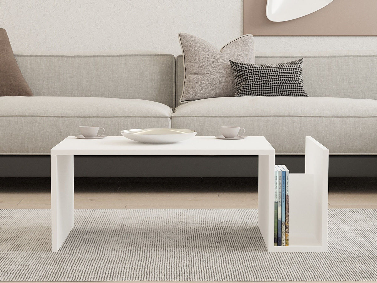 Table basse MEMO - Couleur Blanche - Plateau Relevable & Rangement Intégré - L 86,8 cm x P 32,4 x H 50 cm