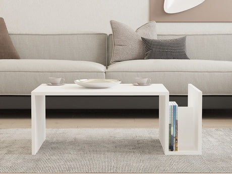 Table basse MEMO - Couleur Blanche - Plateau Relevable & Rangement Intégré - L 86,8 cm x P 32,4 x H 50 cm