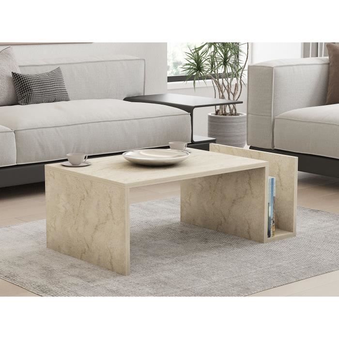 Table basse - MEMO - Rectangulaire - Effet marbre Travertin - 86,8 x 32,4 x 50 cm