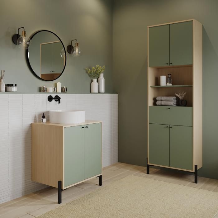 CALICOSY - Colonne 4 portes, 1 tiroir et 2 niches H201,5 cm - ELISA - Vert et chene-Vert et chene