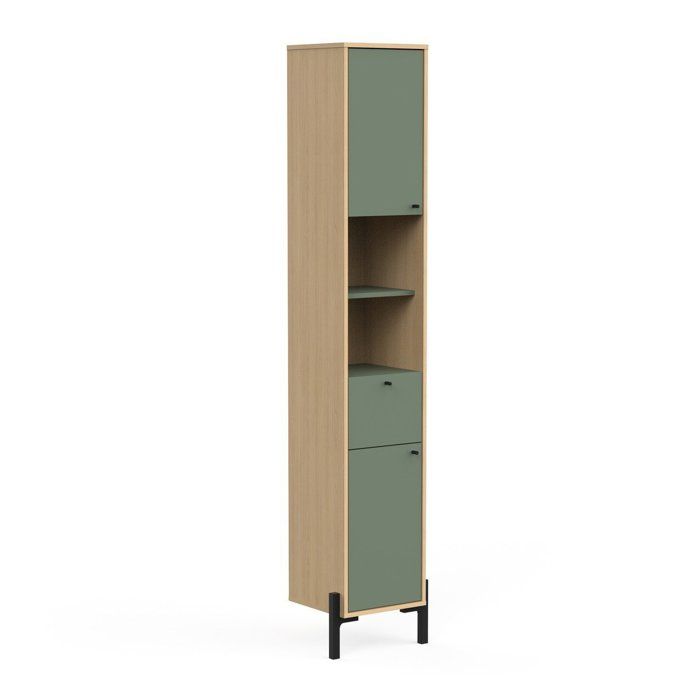 Meuble de salle de bain - Colonne -  2 portes - tiroir + niches - L38,8 x P33 x H201,5cm - Vert et chene - DEMEYERE