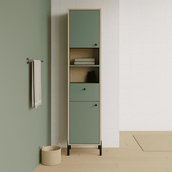 Meuble de salle de bain - Colonne -  2 portes - tiroir + niches - L38,8 x P33 x H201,5cm - Vert et chene - DEMEYERE