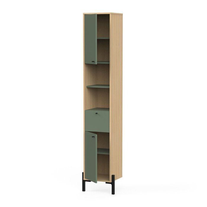 Meuble de salle de bain - Colonne -  2 portes - tiroir + niches - L38,8 x P33 x H201,5cm - Vert et chene - DEMEYERE