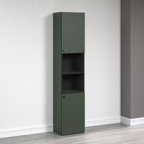CALICOSY - Colonne de salle de bain rainurée 2 portes, 2 niches H186 cm - PUREBLISS - Vert sauge et noir mat-Vert sauge et noir mat