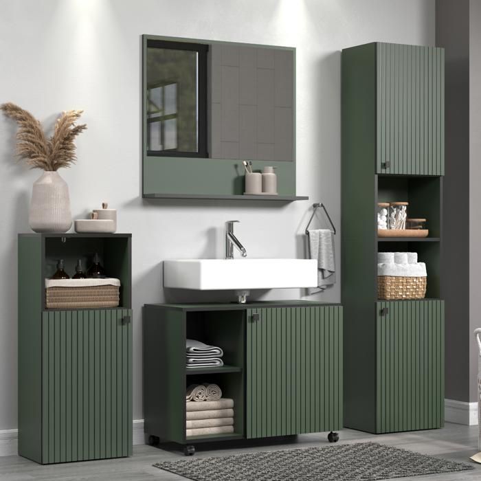 CALICOSY - Colonne de salle de bain rainurée 2 portes, 2 niches H186 cm - PUREBLISS - Vert sauge et noir mat-Vert sauge et noir mat