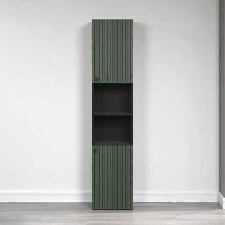 CALICOSY - Colonne de salle de bain rainurée 2 portes, 2 niches H186 cm - PUREBLISS - Vert sauge et noir mat-Vert sauge et noir mat