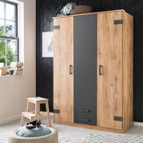 Armoire CORFOU - Décor Chene et gris anthracite - 3 portes battantes - 2 tiroirs - L135 x P58 x H199 cm