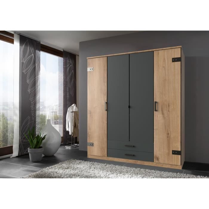 Armoire CORFOU - Décor Chene et gris anthracite - 4 portes battantes - 2 tiroirs - L180 x P58 x H199 cm