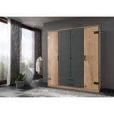 Armoire CORFOU - Décor Chene et gris anthracite - 4 portes battantes - 2 tiroirs - L180 x P58 x H199 cm