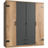 Armoire CORFOU - Décor Chene et gris anthracite - 4 portes battantes - 2 tiroirs - L180 x P58 x H199 cm