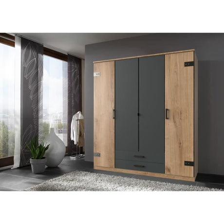 Armoire CORFOU - Décor Chene et gris anthracite - 4 portes battantes - 2 tiroirs - L180 x P58 x H199 cm