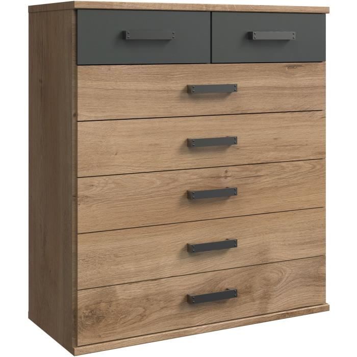 Commode CORFOU - 5 grands tiroirs + 2 petits - décor Chene et gris - L91 x P40 x H103 cm