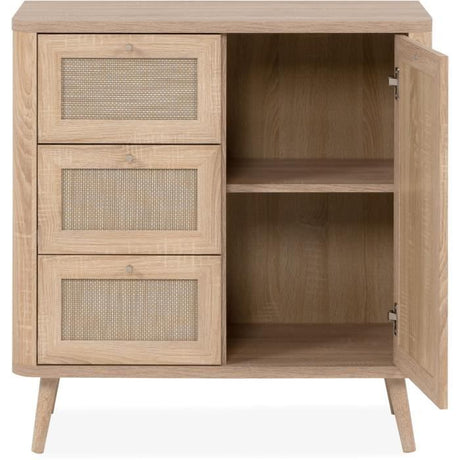 Petit meuble de rangement - 3 tiroirs - 1 porte - Décor Cannage -  L80,9 x H84 x P40 cm