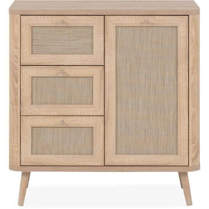Commode - 3 tiroirs - 1 porte - Décor Cannage -  L80,9 x H84 x P40 cm
