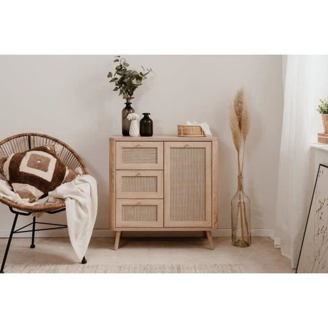 Petit meuble de rangement - 3 tiroirs - 1 porte - Décor Cannage -  L80,9 x H84 x P40 cm