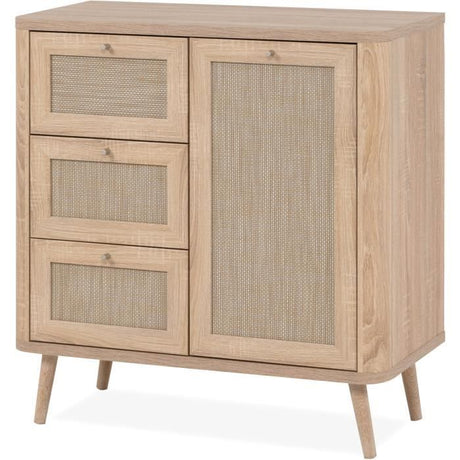 Petit meuble de rangement - 3 tiroirs - 1 porte - Décor Cannage -  L80,9 x H84 x P40 cm